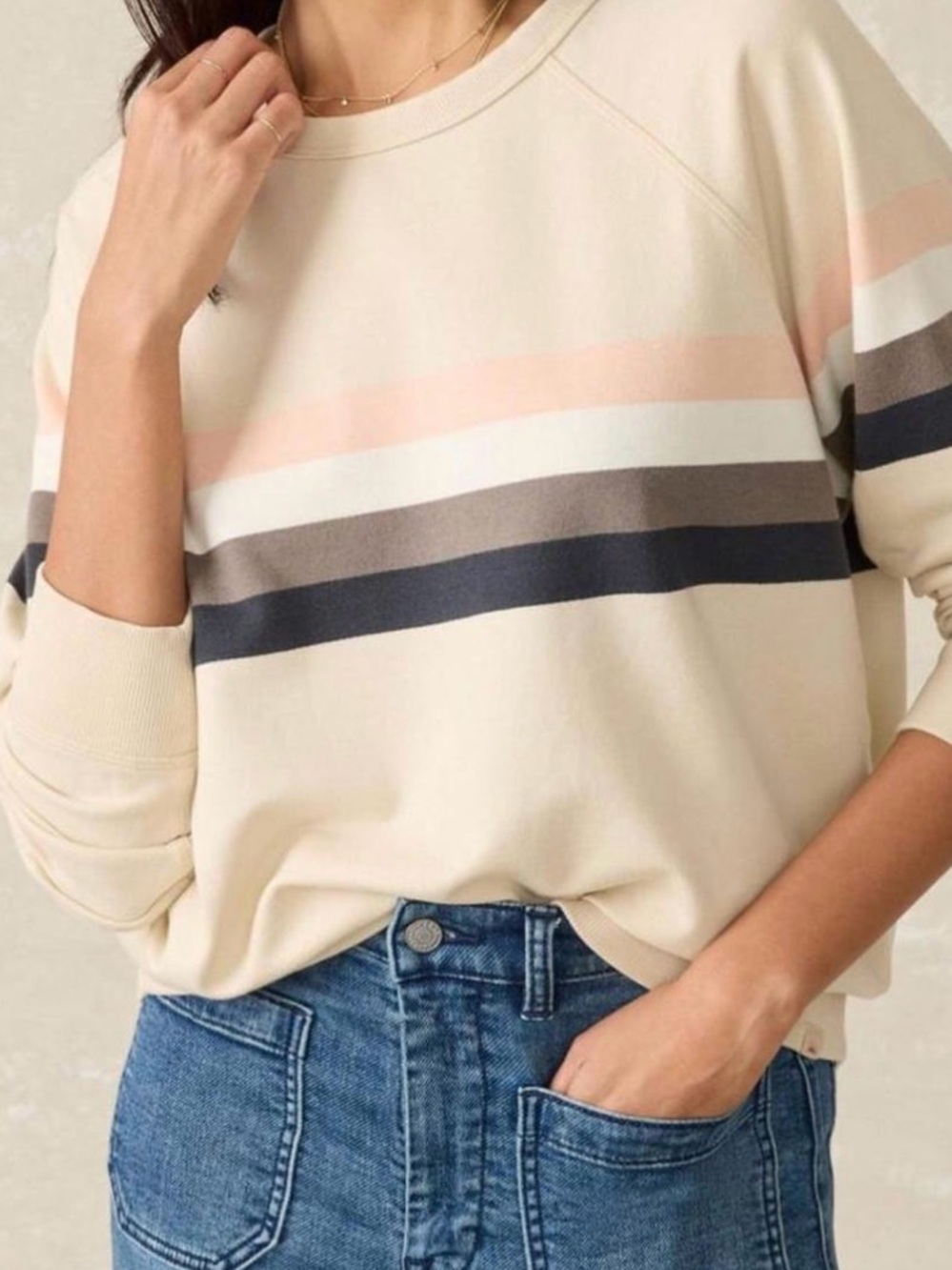 Faherty Tan Striped Colorblock Crewneck Sweatshirt Medium